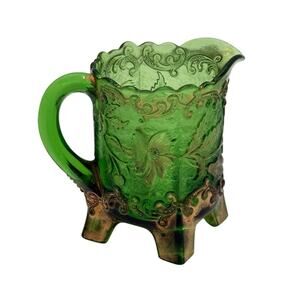 Antique Floradora Bohemian Emerald Green W/Gold Gilt EAPG Creamer US Glass Co